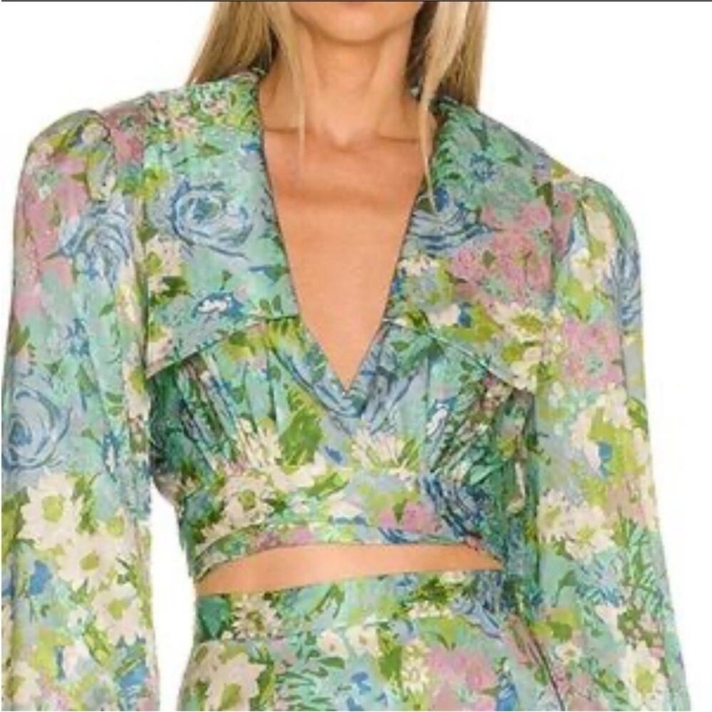 Ronny Kobo- Green and Purple Floral Demna Longsleeve Tie Cropped Top